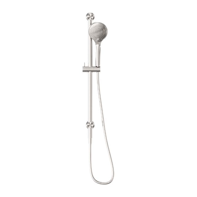 Nero Mecca brushed nickel rail shower with round hand shower and hose, wall-mounted on white background
