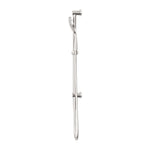 Nero Mecca rail shower in brushed nickel, wall-mounted with adjustable hand shower and hose, on white background