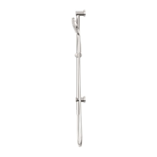 Nero Mecca rail shower in brushed nickel, wall-mounted with adjustable hand shower and hose, on white background