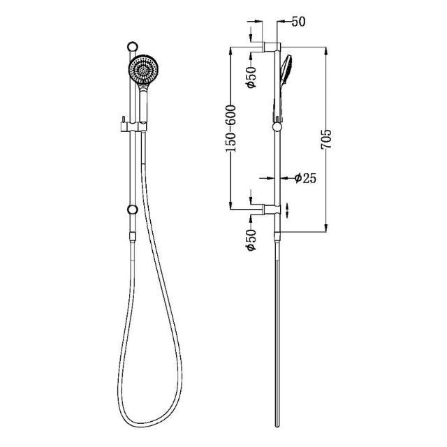 Technical drawing of Nero Mecca rail shower in brushed nickel with hand shower, rail, hose and wall-mount dimensions shown