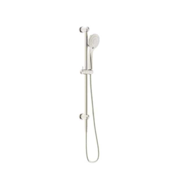 Nero Mecca rail shower with hand shower in brushed nickel, wall-mounted with adjustable rail and hose