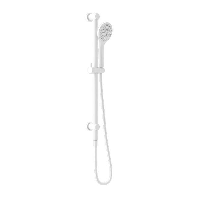 Nero Mecca matte white rail shower with hand shower and hose, wall-mounted on slim vertical rail