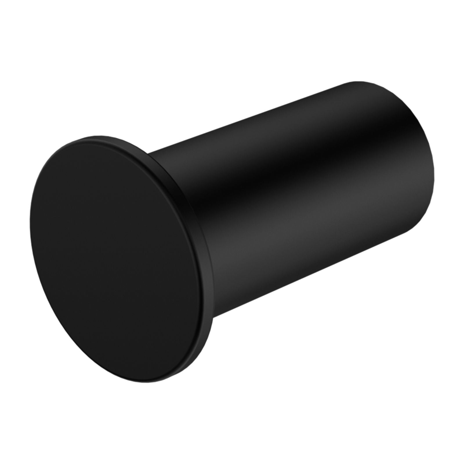 Nero Mecca slim robe hook in matte black, cylindrical wall hook close-up on white background