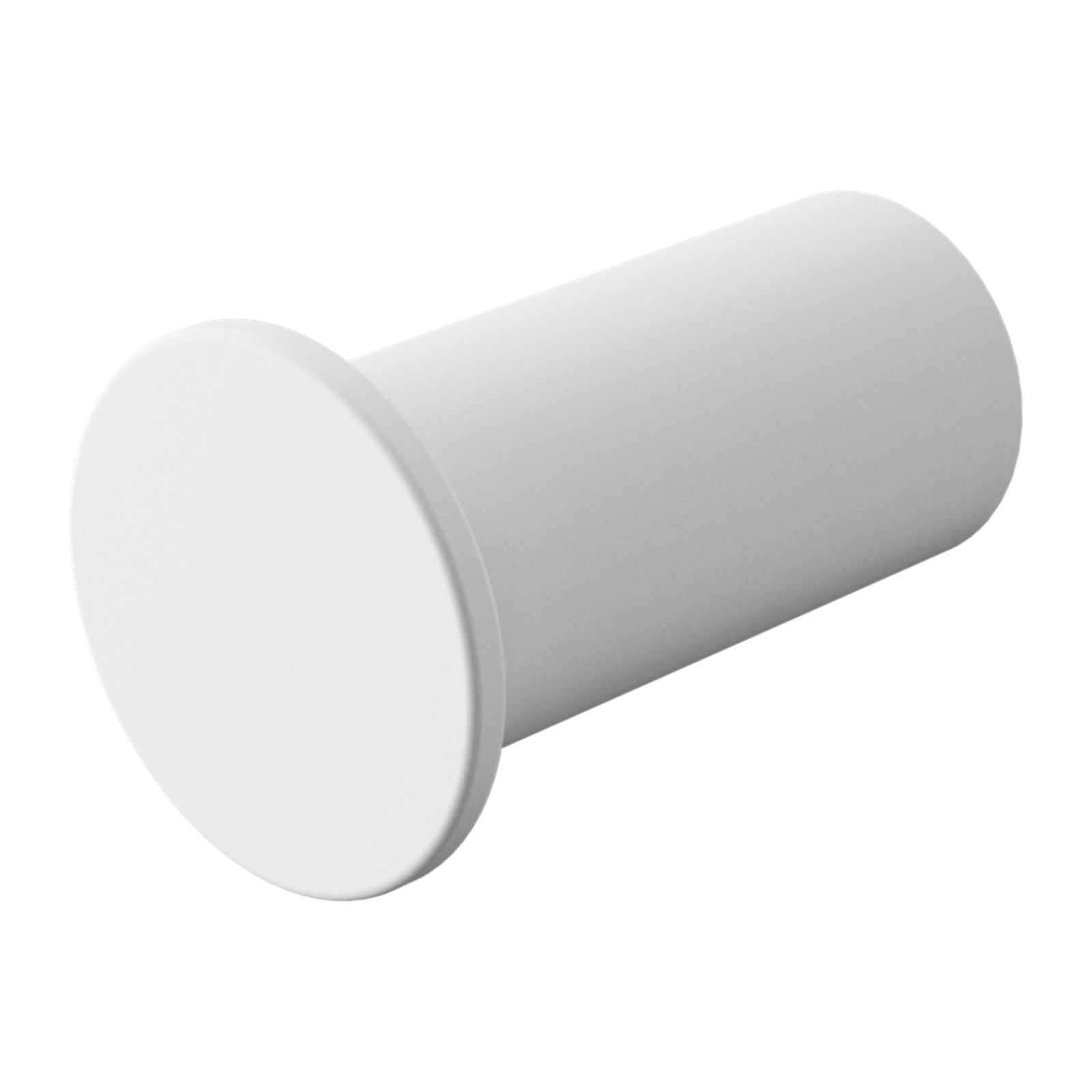 Nero Mecca slim robe hook in matte white, minimalist cylindrical wall hook, angled on white background