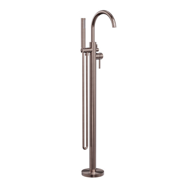 Nero Mecca round freestanding mixer tap with hand shower in brushed bronze, floor-mounted for bath filling
