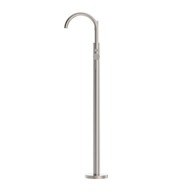 Nero Mecca round floor-mounted mixer with hand shower in brushed nickel, freestanding bath tap on white background