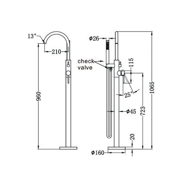 Nero Mecca round freestanding bath mixer with hand shower, brushed nickel, technical drawing showing dimensions and floor-mounted design