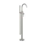 Nero Mecca round freestanding bath mixer with hand shower in brushed nickel, floor-mounted tap on white background