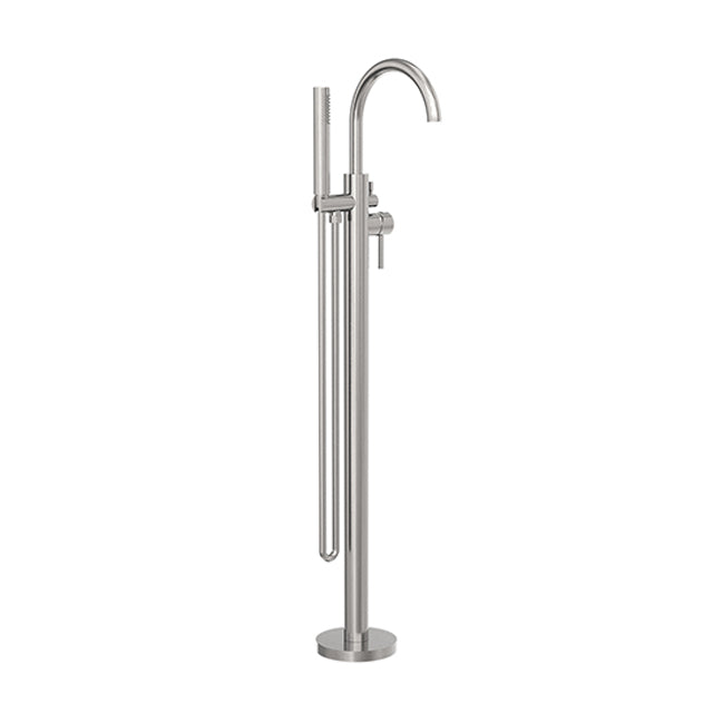 Nero Mecca round freestanding bath mixer with hand shower in brushed nickel, floor-mounted tap on white background