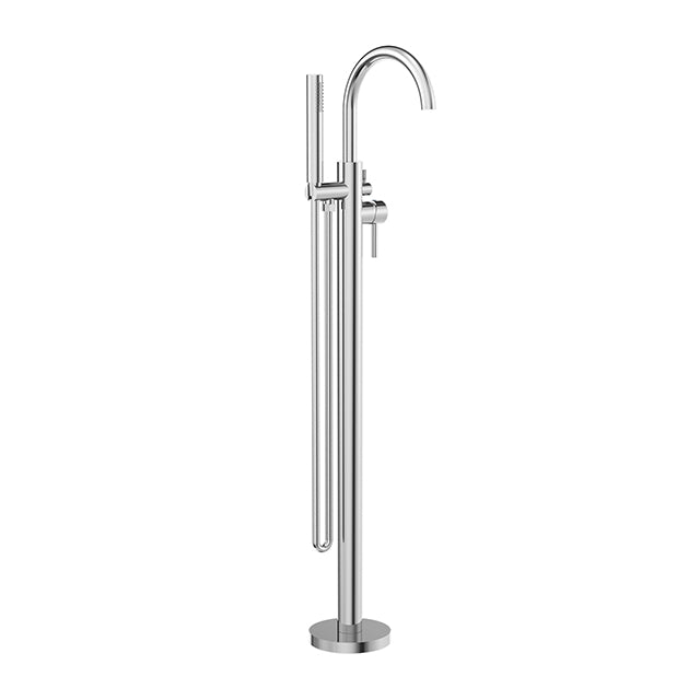 Nero Mecca round freestanding bath mixer with hand shower in chrome, floor-mounted tap on round base