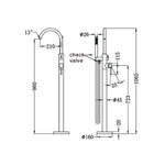 Nero Mecca round freestanding mixer tap technical drawing in brushed bronze, with hand shower and measurements