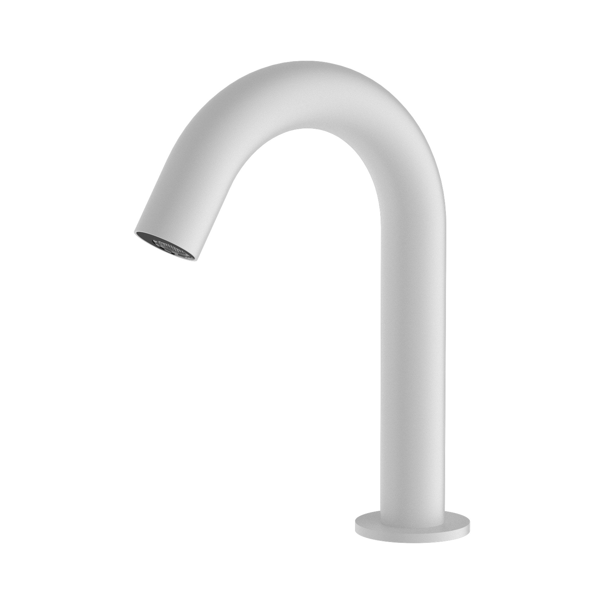 Nero Mecca sensor basin tap in matte white, shown on white background with curved gooseneck spout and round base