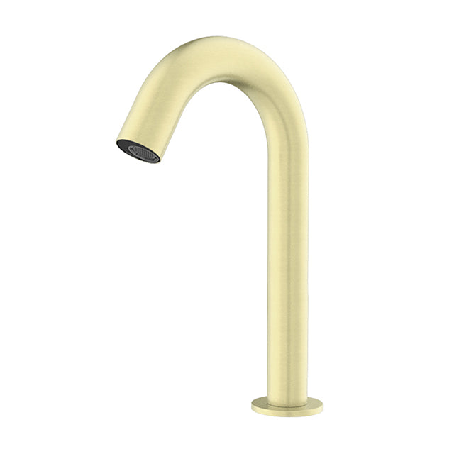 Nero Mecca sensor basin tap in brushed gold, hob mounted with curved gooseneck spout, on white background