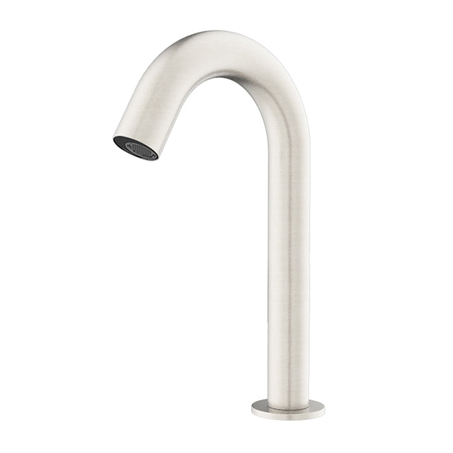 Nero Mecca sensor basin mixer tap in brushed nickel, hob mounted with curved gooseneck spout, front view