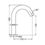 Nero Mecca sensor basin mixer technical drawing, gun metal, hob mounted tap with 209 mm height and 129.3 mm spout reach