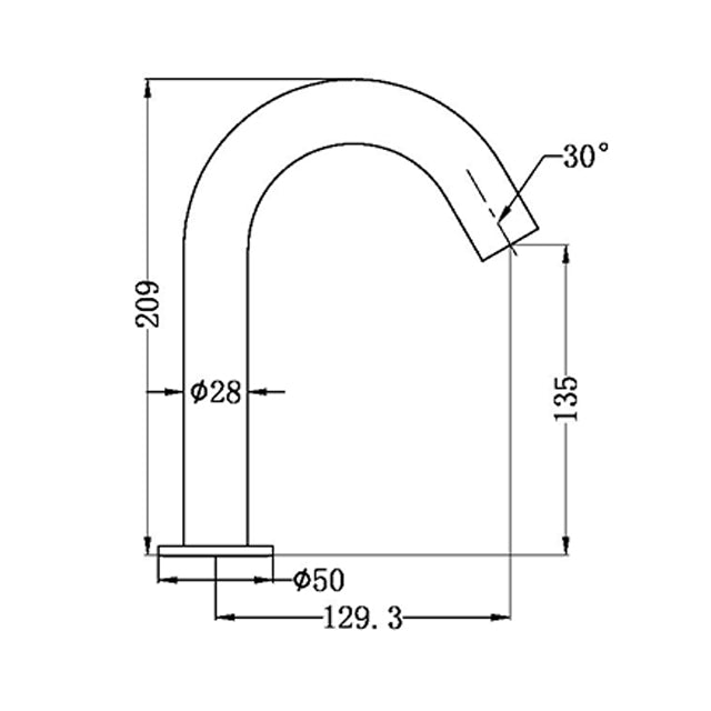 Nero Mecca sensor tap technical drawing in matte black, showing curved hob-mounted spout with dimensions and 30° outlet angle