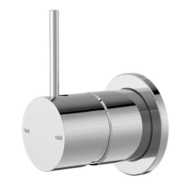 Nero Mecca chrome shower mixer with 60mm round wall plate and up lever handle, shown in angled front view