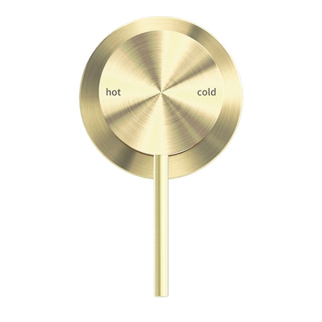 Nero Mecca shower mixer with 60mm round plate in brushed gold, wall-mounted tap shown front on with hot and cold markings