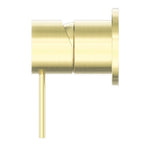 Nero Mecca shower mixer in brushed gold, side view, with 60mm round wall plate and lever handle