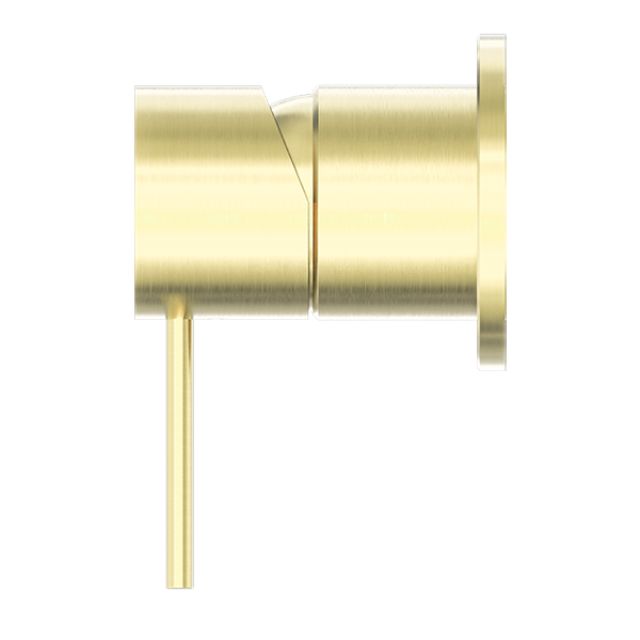 Nero Mecca shower mixer in brushed gold, side view, with 60mm round wall plate and lever handle