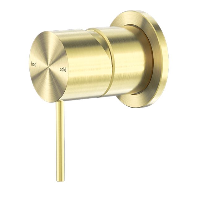 Nero Mecca brushed gold shower mixer tap with 60mm round wall plate and cylindrical handle