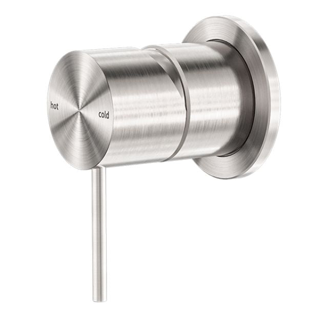Nero Mecca brushed nickel shower mixer with 60mm round wall plate and slim lever handle, side view