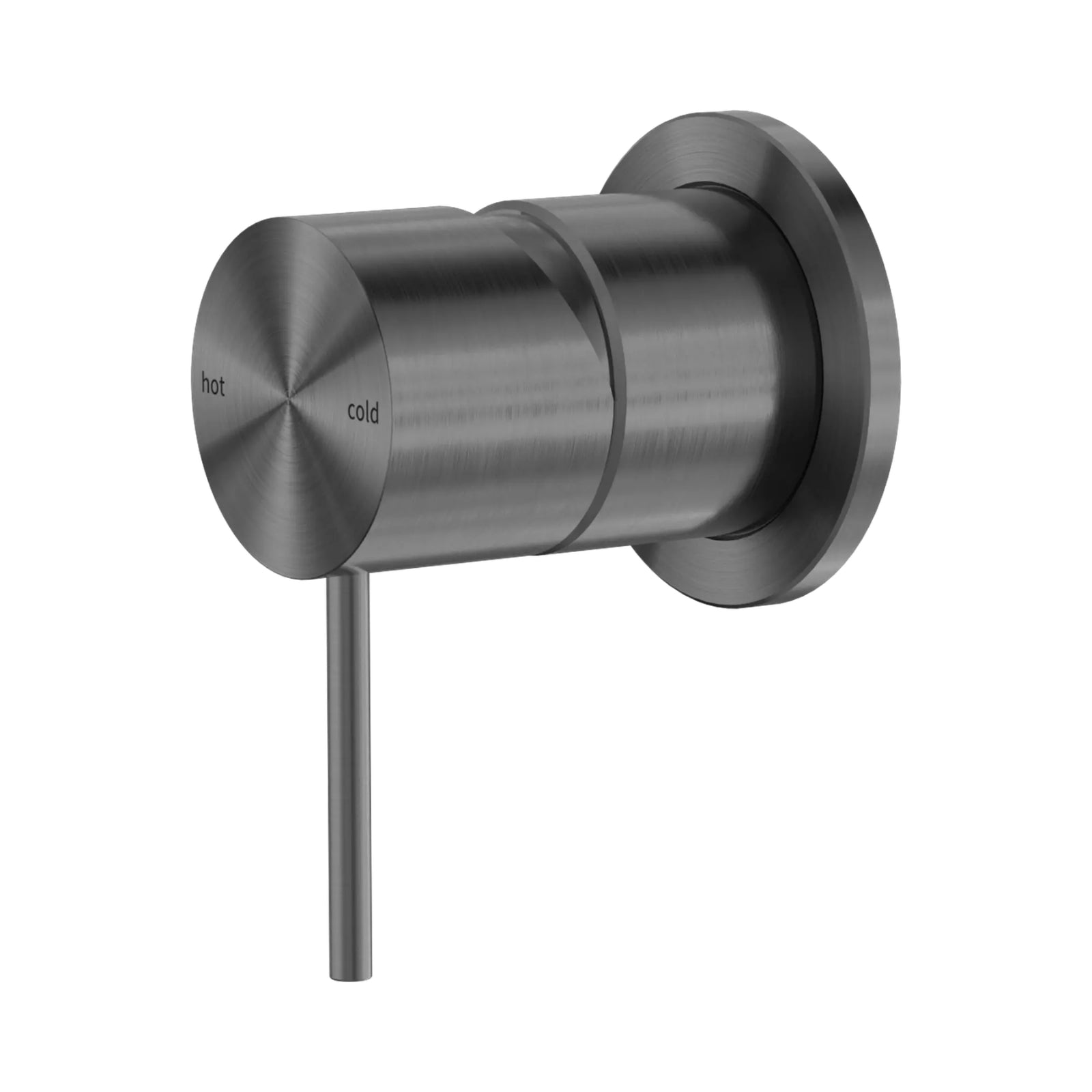 Nero Mecca shower mixer in gun metal, with round 60mm wall plate and slim lever handle, front view on white background