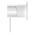 Nero Mecca shower mixer, matte white, side view with 60mm wall plate and lever handle