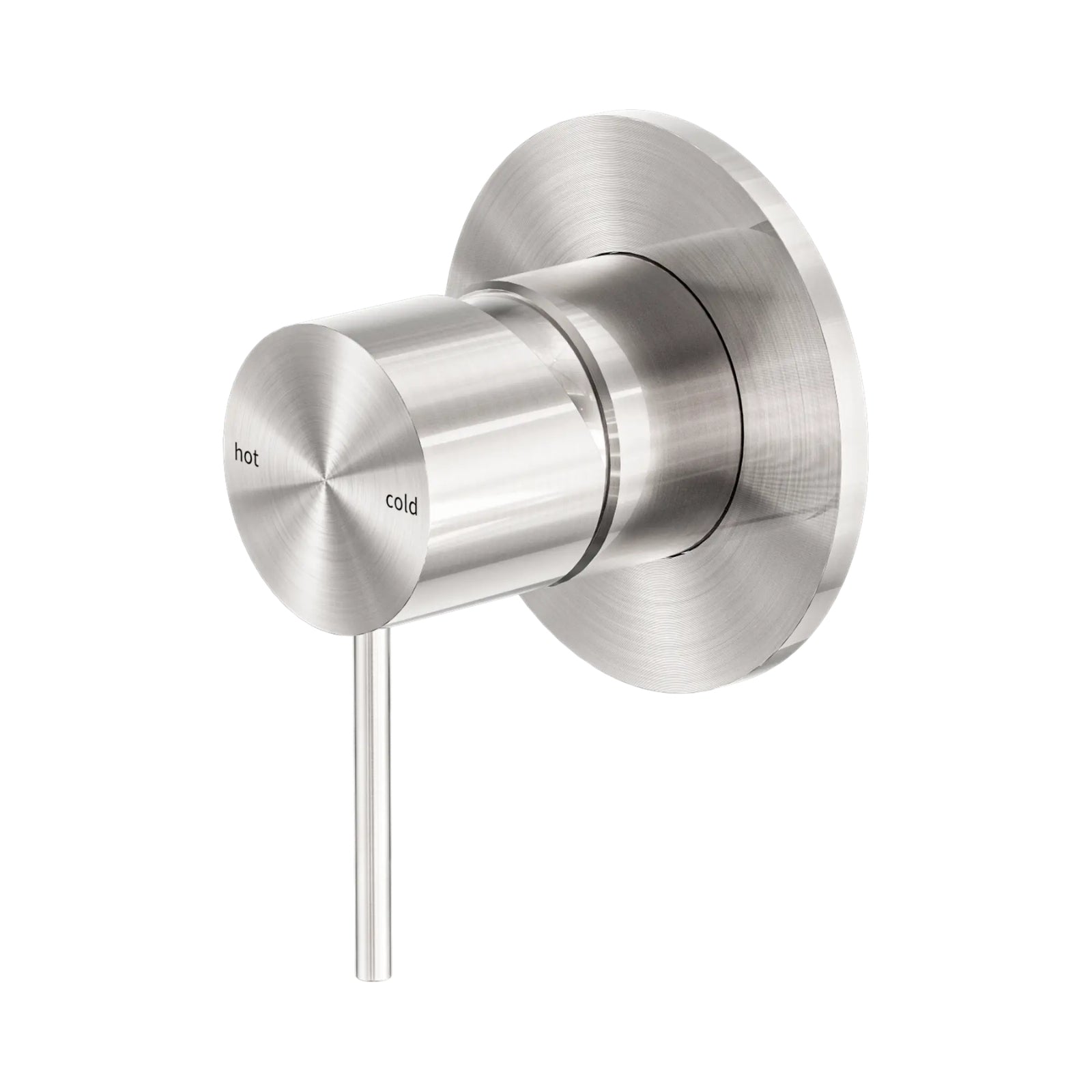 Nero Mecca round shower mixer in brushed nickel, wall-mounted with hot and cold markings and trim plate