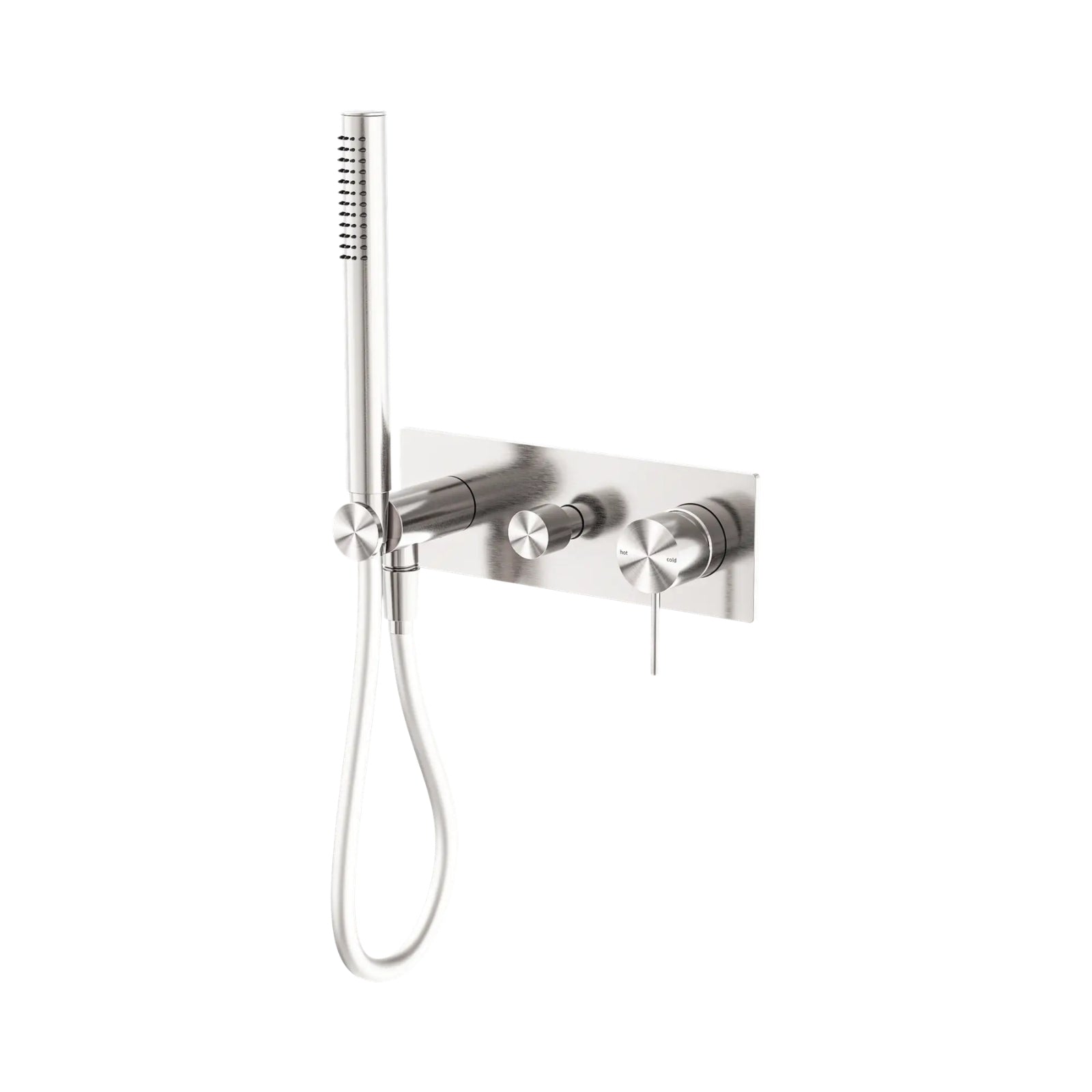 Nero Mecca brushed nickel wall-mounted shower mixer diverter system with hand shower and wall plate, front view