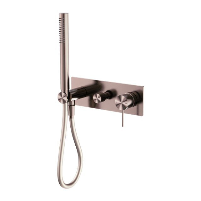 Nero Mecca wall-mounted shower mixer divertor system in brushed bronze, with hand shower and hose on rectangular plate