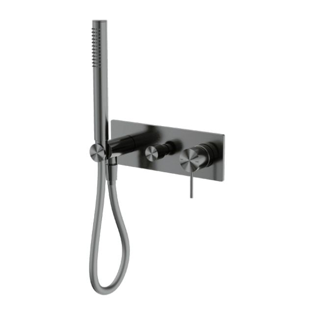 Nero Mecca wall-mounted shower mixer and diverter system in gun metal, with hand shower and rectangular backplate