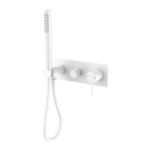 Nero Mecca wall-mounted shower mixer divertor system in matte white with hand shower and round controls