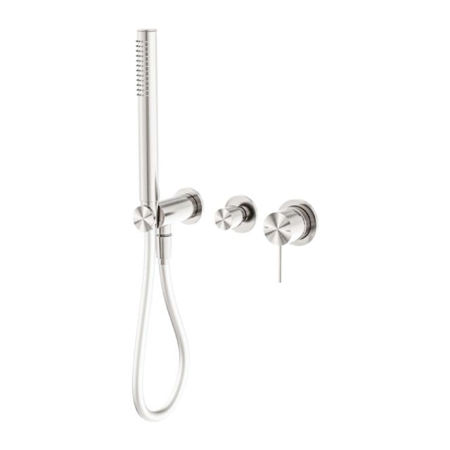 Nero Mecca brushed nickel shower mixer diverter set with separate wall plates and hand shower, front view
