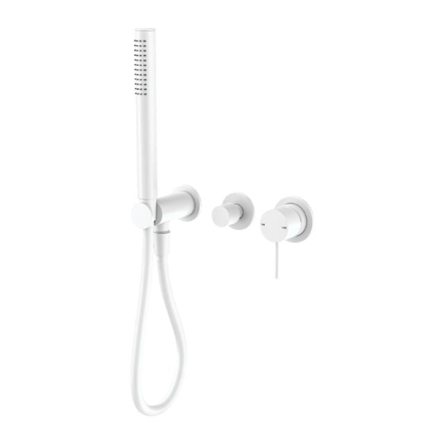 Nero Mecca matte white shower mixer divertor set with hand shower, wall-mounted with separate round back plate and controls