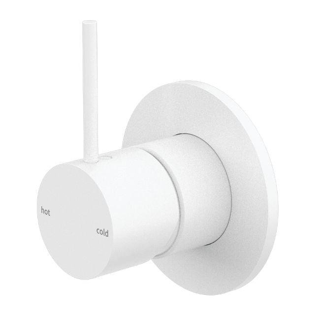 Nero Mecca shower mixer handle up, matte white round wall plate with hot/cold markings