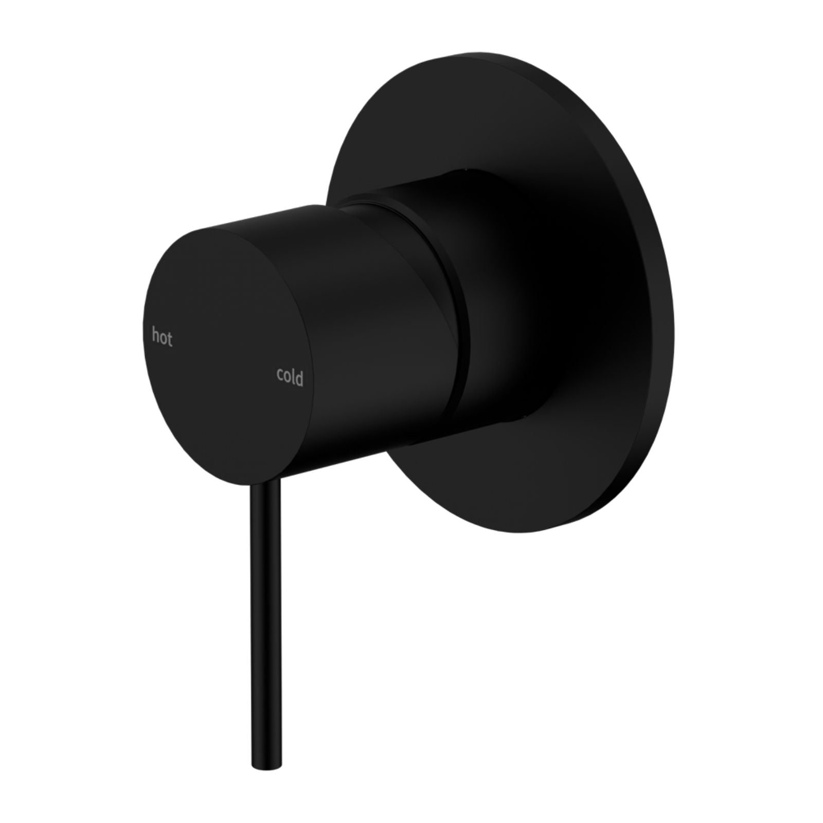 Nero Mecca shower mixer in matte black, round wall plate with lever handle and hot/cold markings, side view