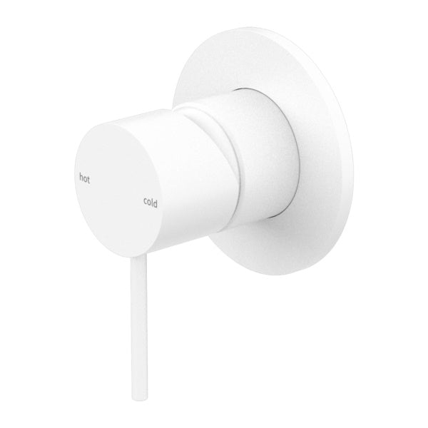 Nero Mecca shower mixer tap in matte white, wall-mounted with single lever and round backplate