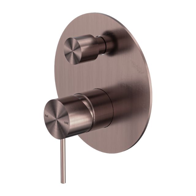 Nero Mecca wall-mounted shower mixer with diverter in brushed bronze, round plate and dual controls