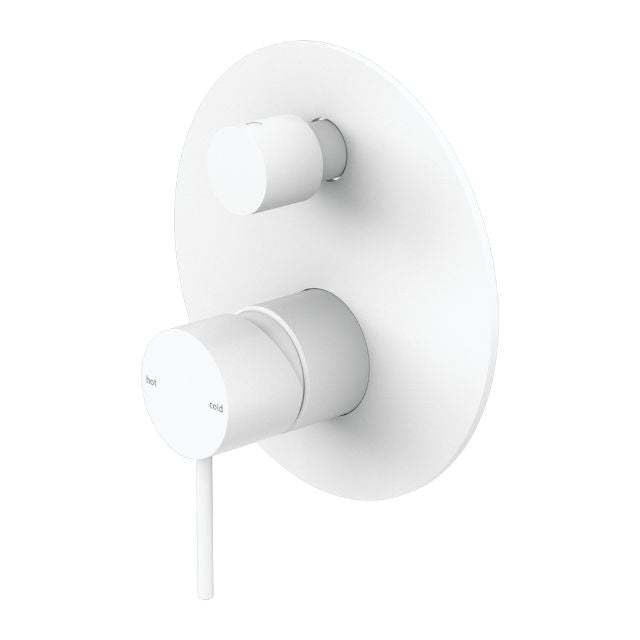 Nero Mecca matte white shower mixer with diverter, wall-mounted round tap plate and two cylindrical controls