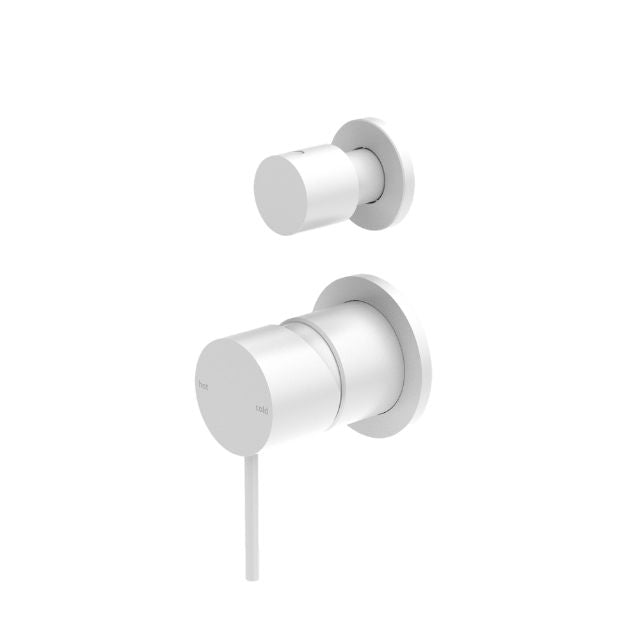 Nero Mecca matte white shower mixer with diverter and separate round back plate, wall-mounted tap set