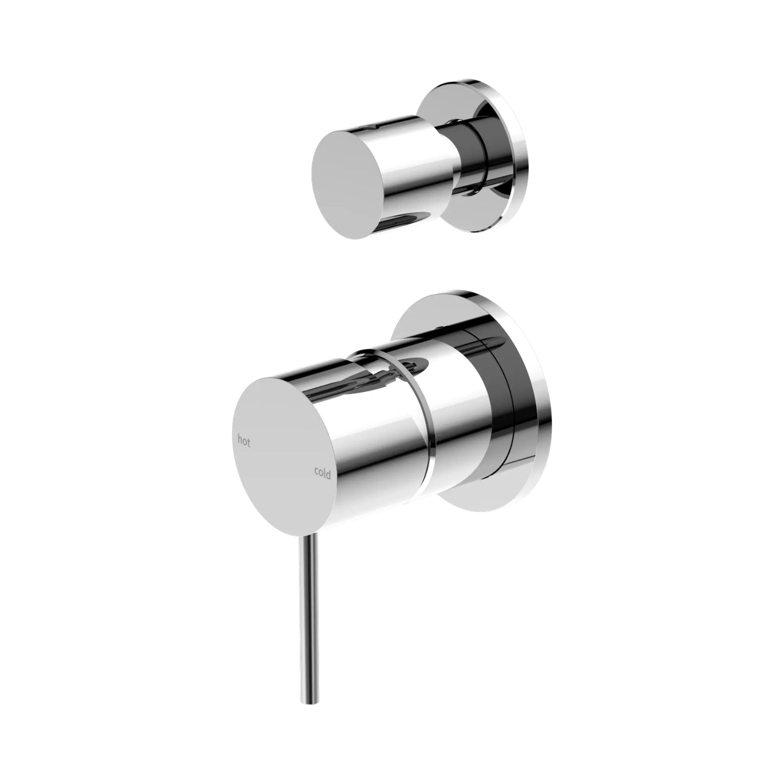 Nero Mecca chrome wall-mounted shower mixer with divertor and separate back plate, shown in two angled views