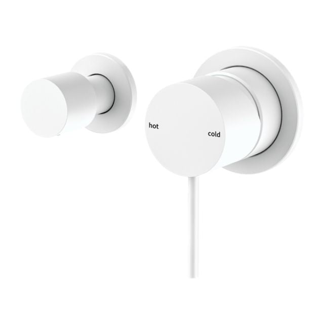 Nero Mecca matte white shower mixer with horizontal 2 way diverter, wall-mounted round tap set
