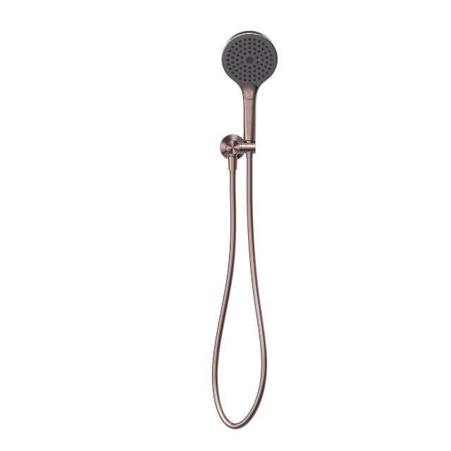 Nero Mecca hand shower on bracket in brushed bronze, wall mounted with hose and round shower head