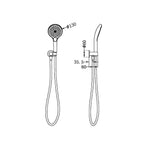 Nero Mecca hand shower on bracket technical drawing with hose, front and side views, dimensions marked in black line art