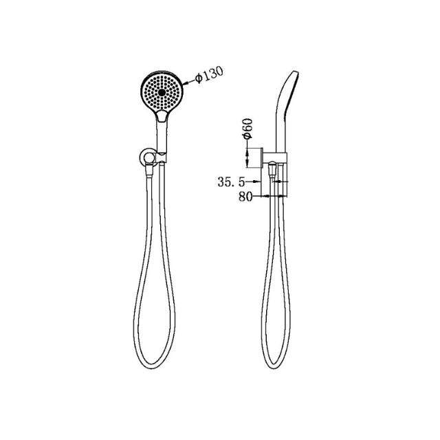 Nero Mecca hand shower on bracket technical drawing with hose, front and side views, dimensions marked in black line art