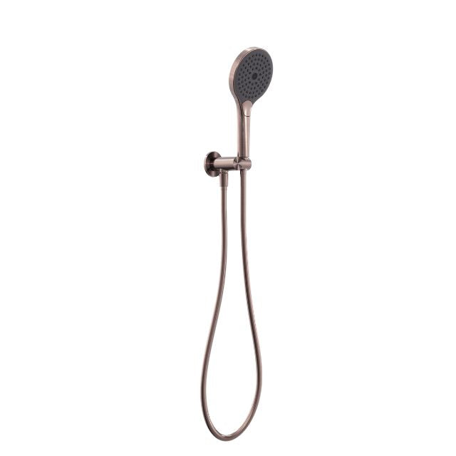 Nero Mecca hand shower on bracket in brushed bronze, wall-mounted with flexible hose on a white background