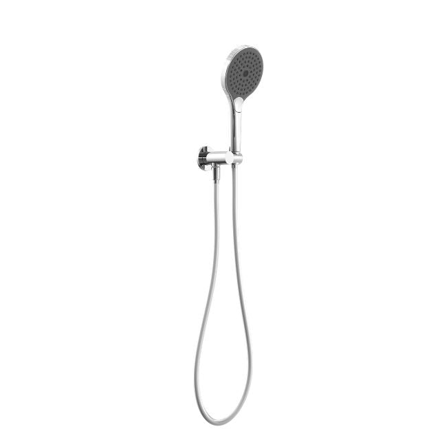 Nero Mecca chrome hand shower on bracket with hose, wall mounted, shown front on white background