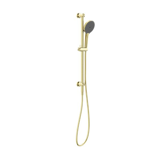 Nero Mecca shower rail with hand shower in brushed gold, wall-mounted on white background