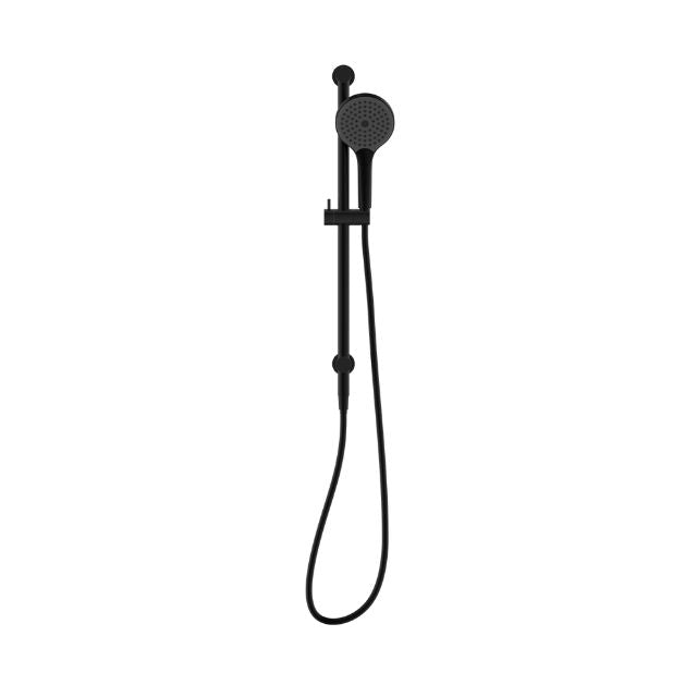 Nero Mecca wall-mounted shower rail with hand shower in matte black, shown front on white background